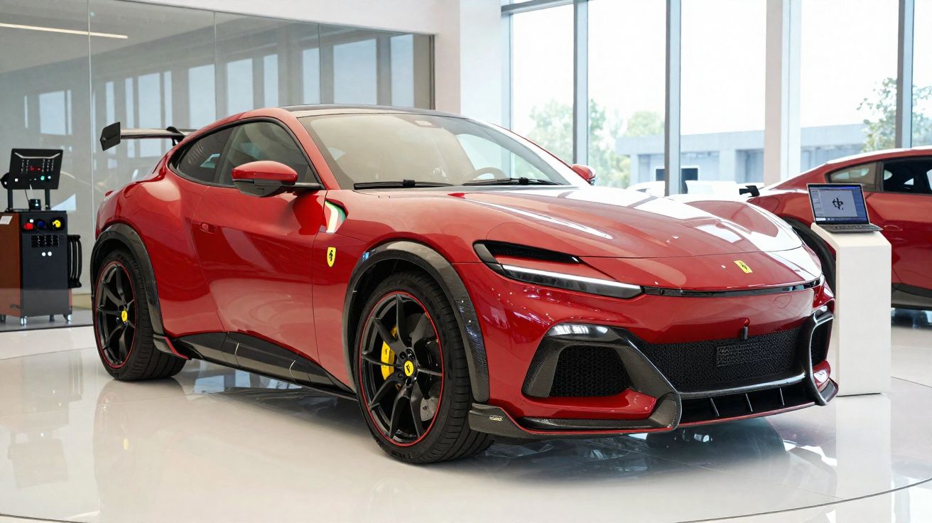 Carro esportivo Ferrari vermelho com rodas pretas exposto em showroom moderno com vidro.