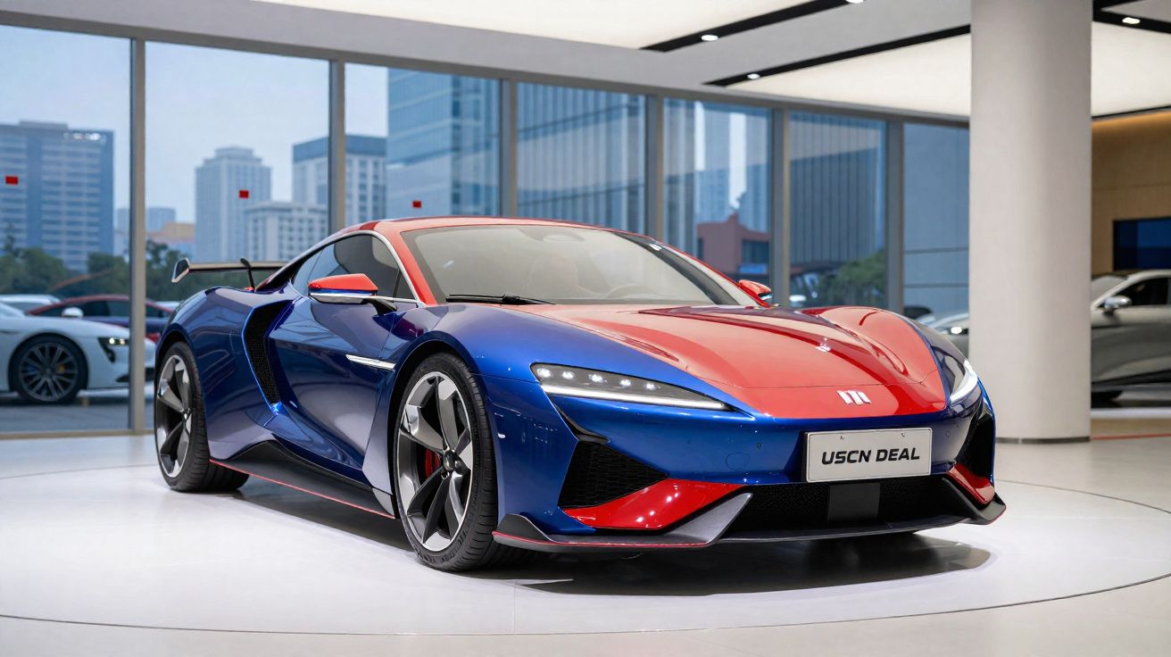 Carro esportivo azul e vermelho em exposição no showroom com janelas de vidro e prédios ao fundo.