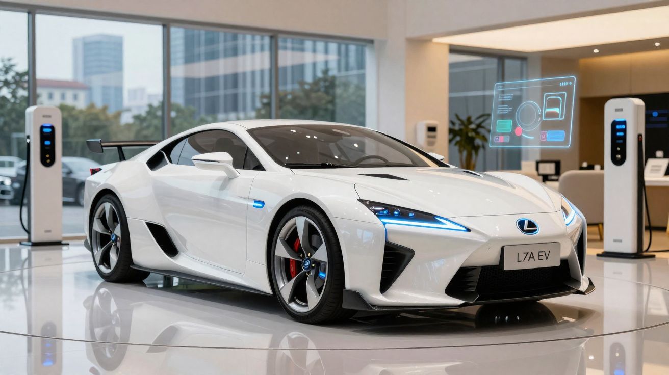 Carro esportivo elétrico branco da Lexus modelo L7A EV exibido em showroom moderno com estações de recarga.