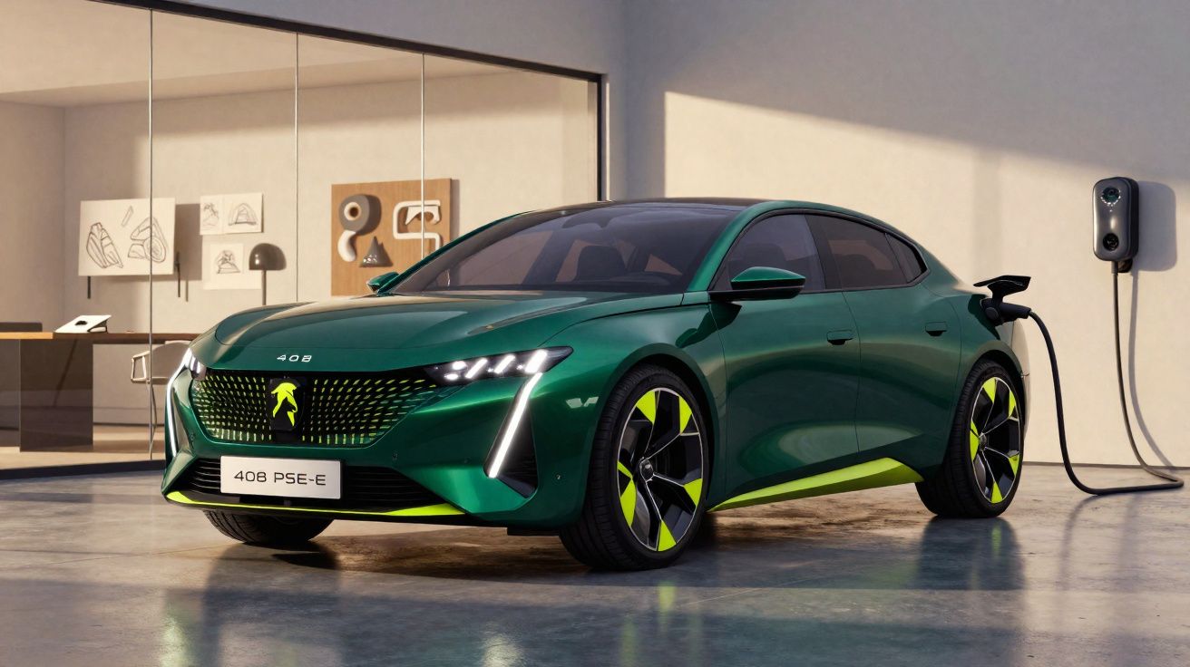 Carro elétrico verde Peugeot 408 PSE-E estacionado em garagem com carregador conectado na tomada.