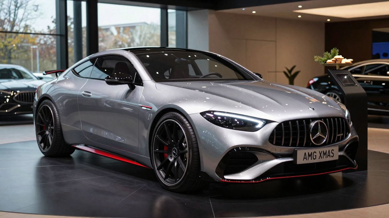 Carro esportivo Mercedes-Benz prata com detalhes vermelhos em showroom moderno.