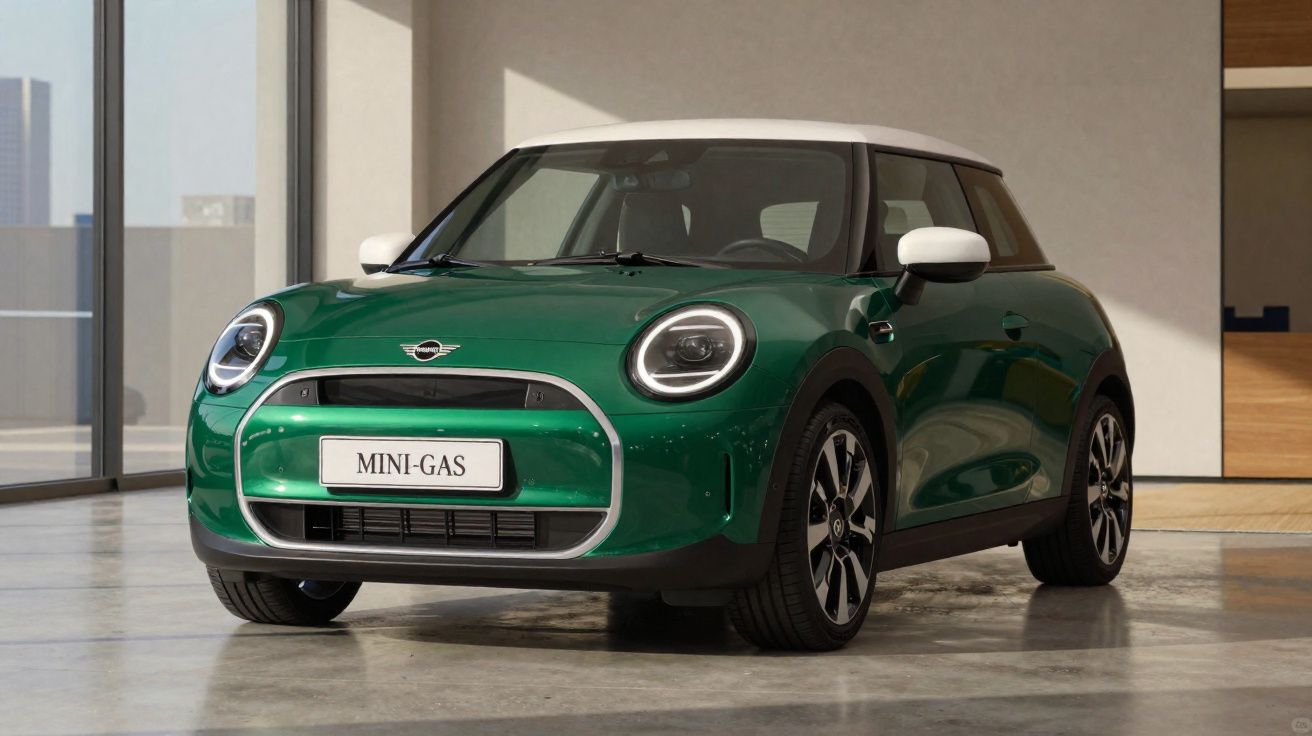 Carro Mini Cooper verde com teto branco estacionado em ambiente interno iluminado.