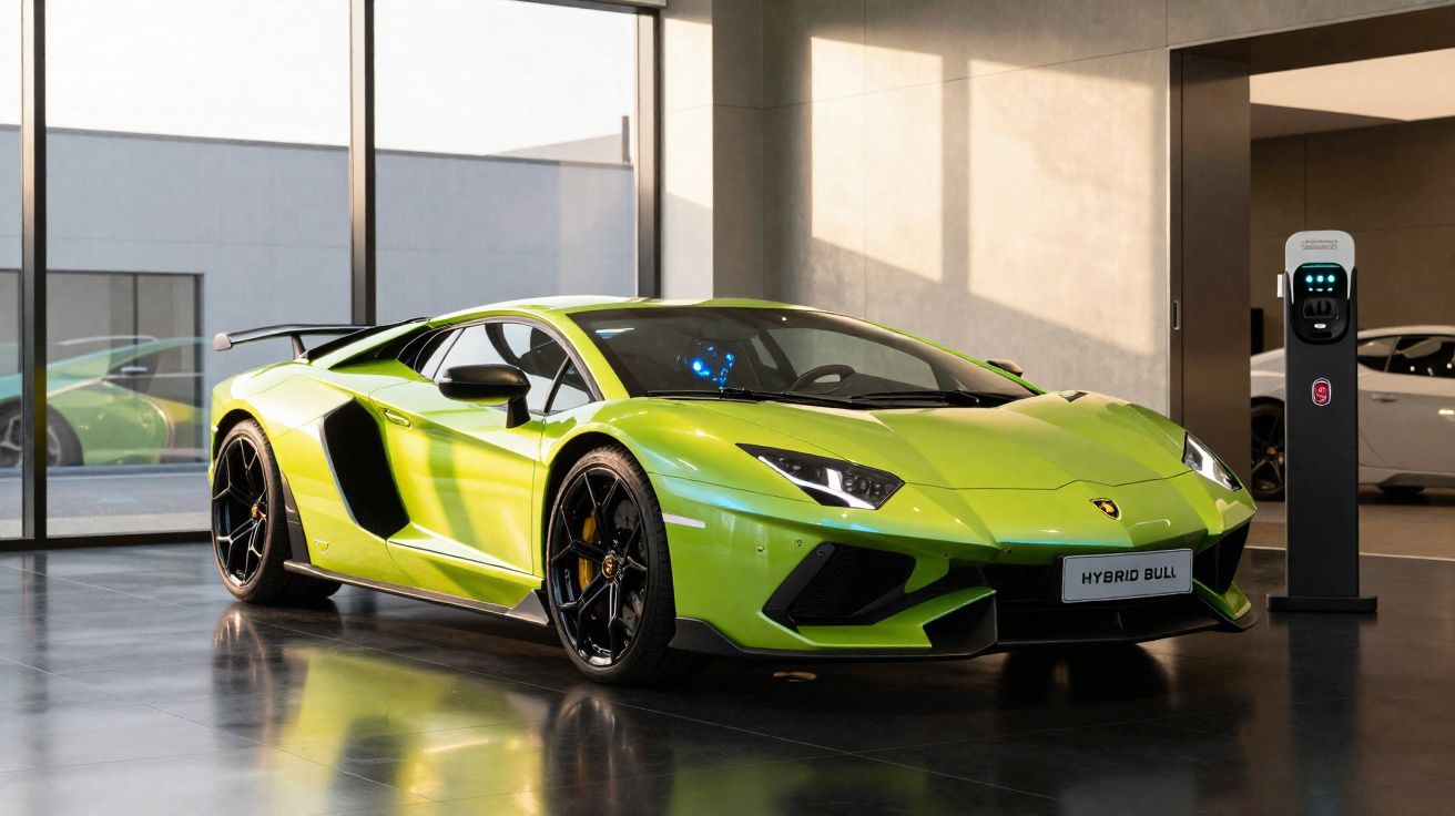Carro esportivo verde híbrido Lamborghini estacionado ao lado de carregador elétrico em ambiente moderno.