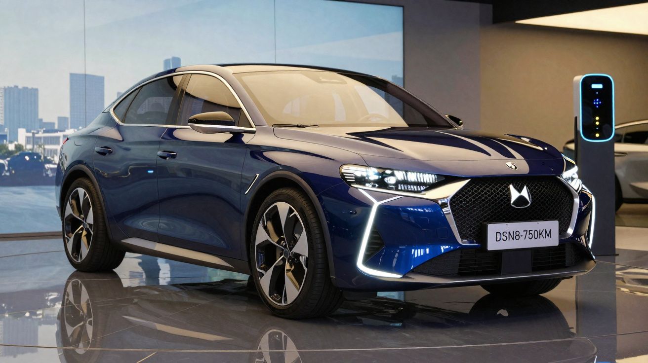 Carro elétrico azul DS 8 elétrico exibido em showroom moderno com carregador ao fundo.