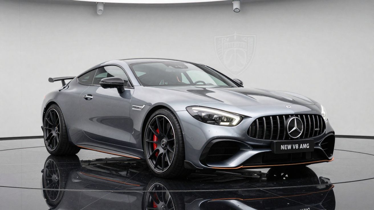 Carro esportivo Mercedes-Benz AMG cinza metálico com detalhes em preto e vermelho em estúdio.