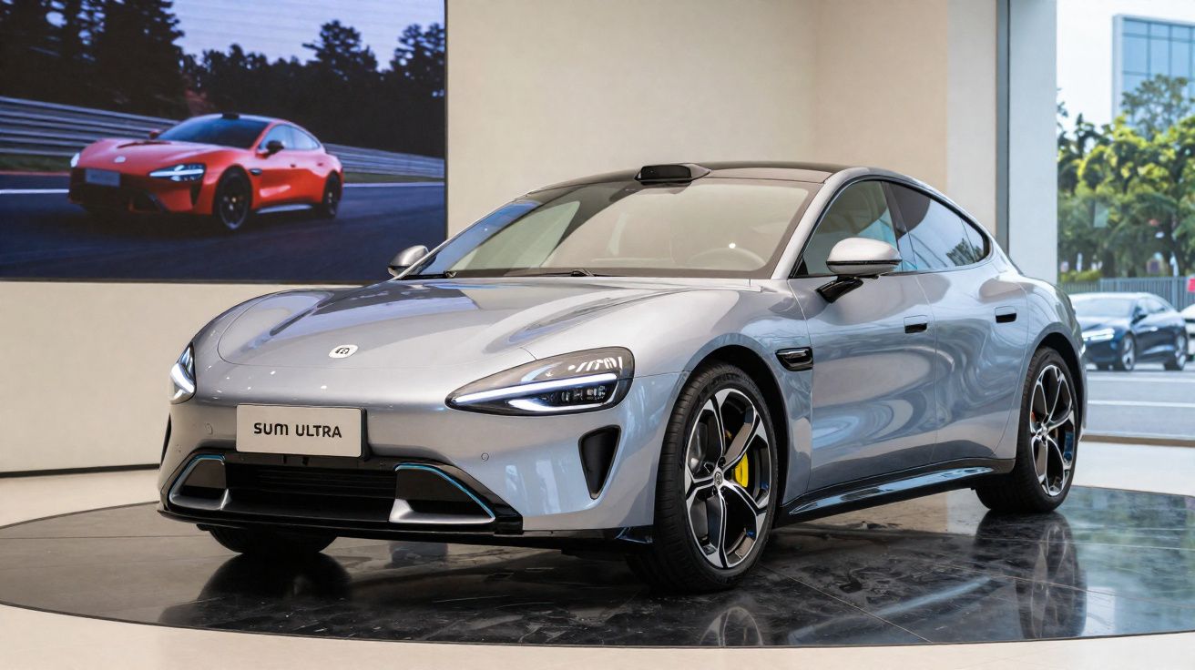 Carro elétrico cinza Sum Ultra exibido em salão com rodas esportivas e faróis modernos.