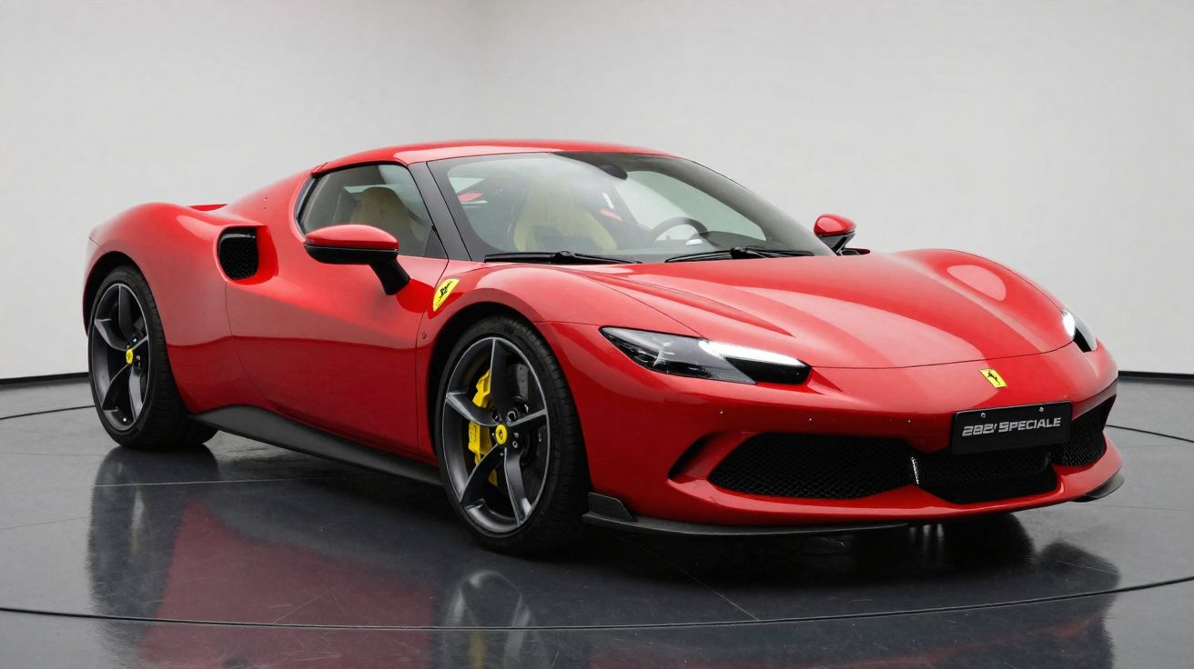 Ferrari 2022 vermelha estacionada em ambiente interno com piso refletivo e parede branca.