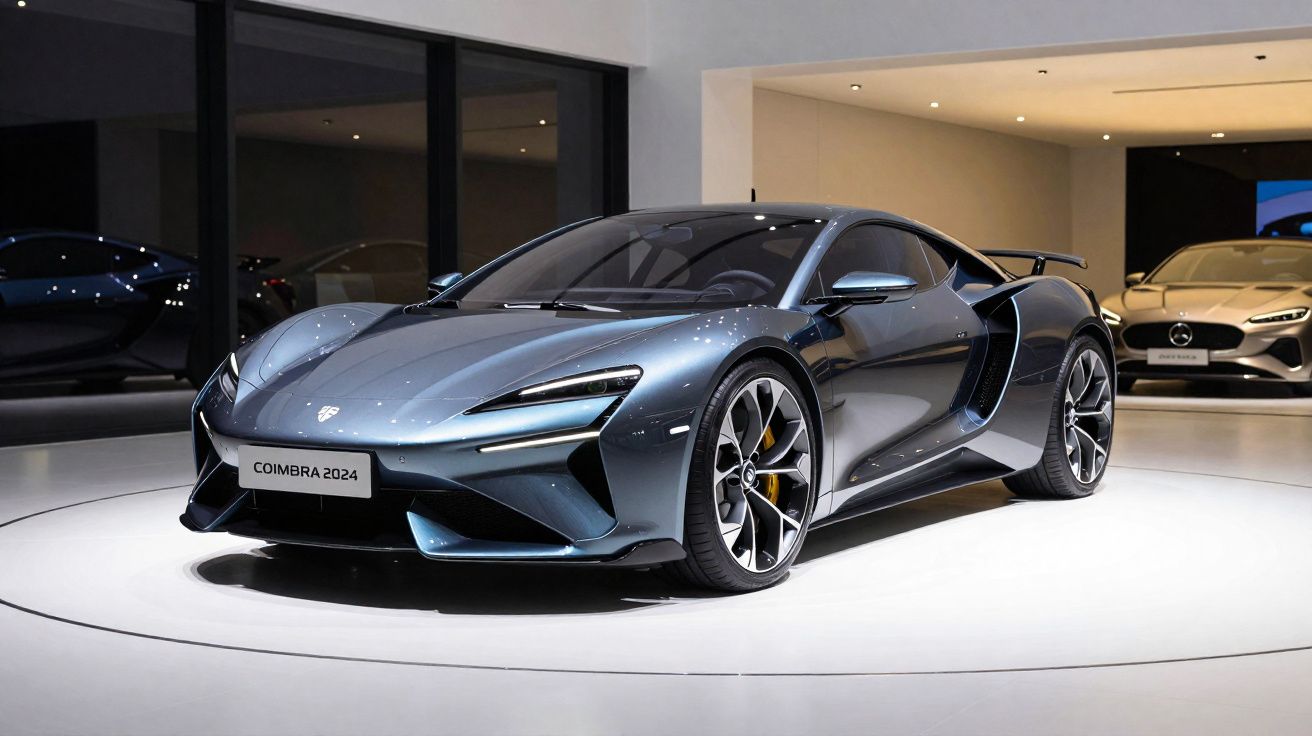 Carro esportivo cinza metálico modelo Coimbra 2024 exibido em exposição moderna e iluminada.