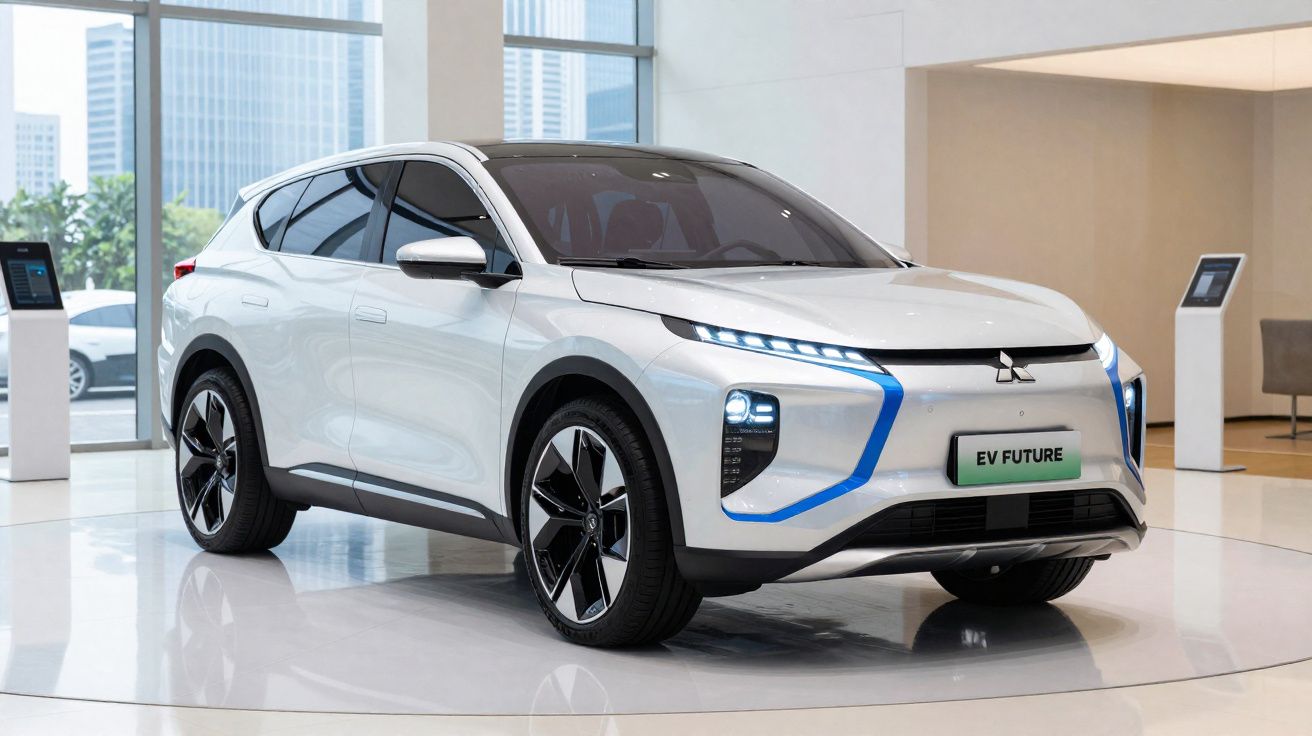 Carro elétrico branco Mitsubishi EV Future em exposição moderna com luzes de LED acesas.