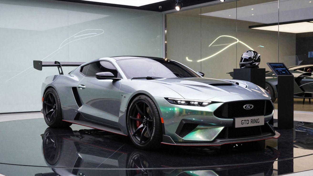 Carro esportivo cinza GTD Ring em exposição com faróis acesos e aerofólio traseiro grande.