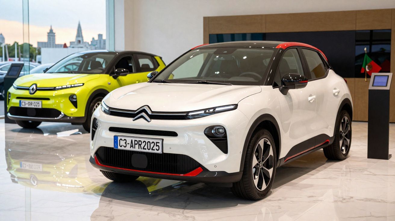 Carros elétricos Citroën branco e Renault amarelo exibidos em showroom moderno com piso branco e paredes claras.