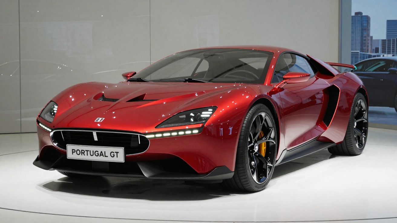 Carro esportivo vermelho Portugal GT exibido em salão, com design aerodinâmico e rodas pretas.