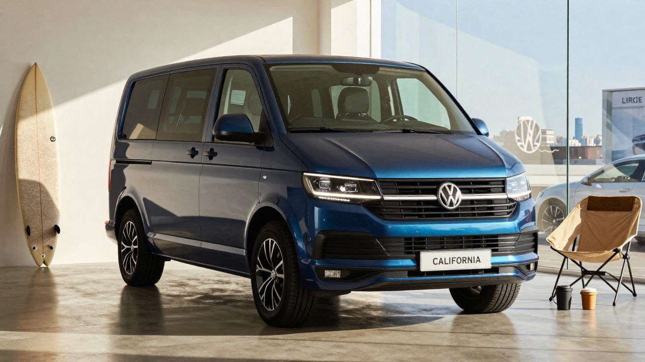 Van Volkswagen California azul estacionada em ambiente interno, com prancha de surf e cadeira de camping ao lado.