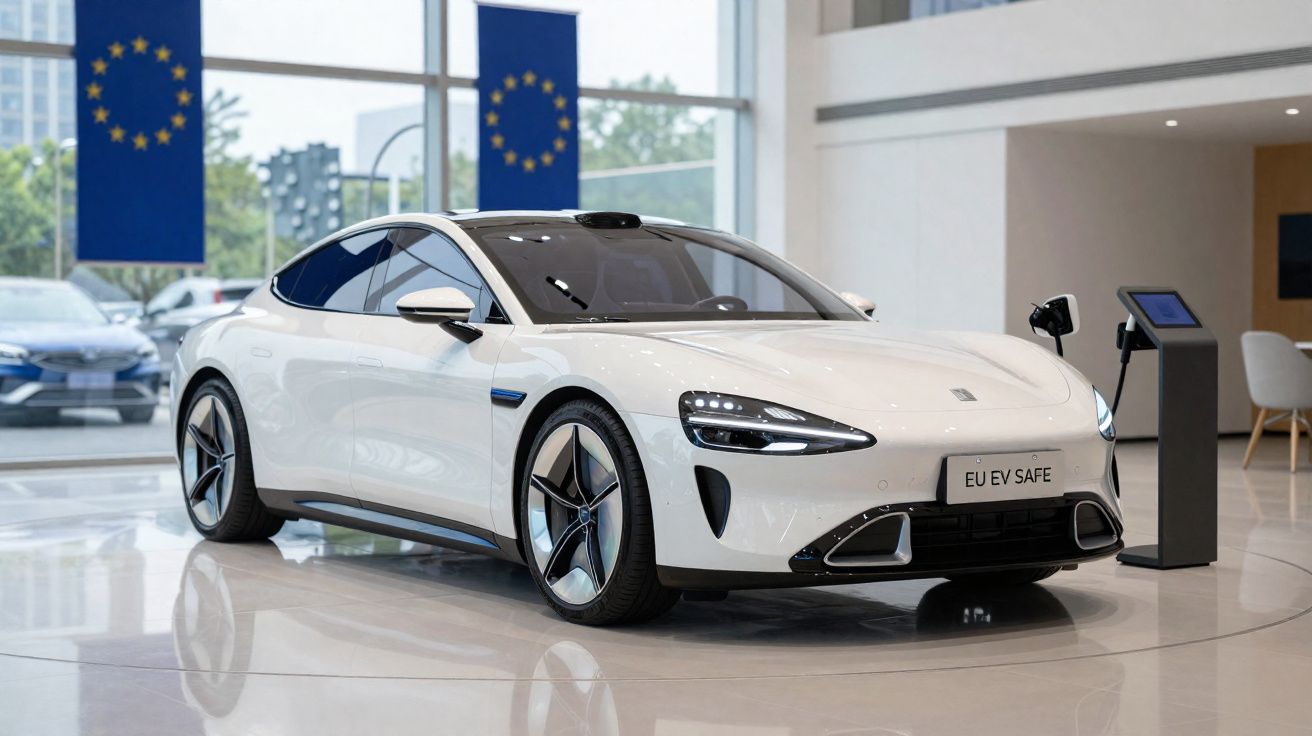Carro elétrico branco estacionado em showroom com estações de carregamento e bandeiras da União Europeia ao fundo.