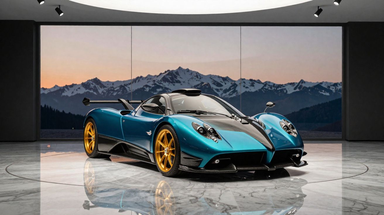 Carro esportivo azul com detalhes pretos e rodas douradas em ambiente interno com parede de vidro e montanhas ao fundo.