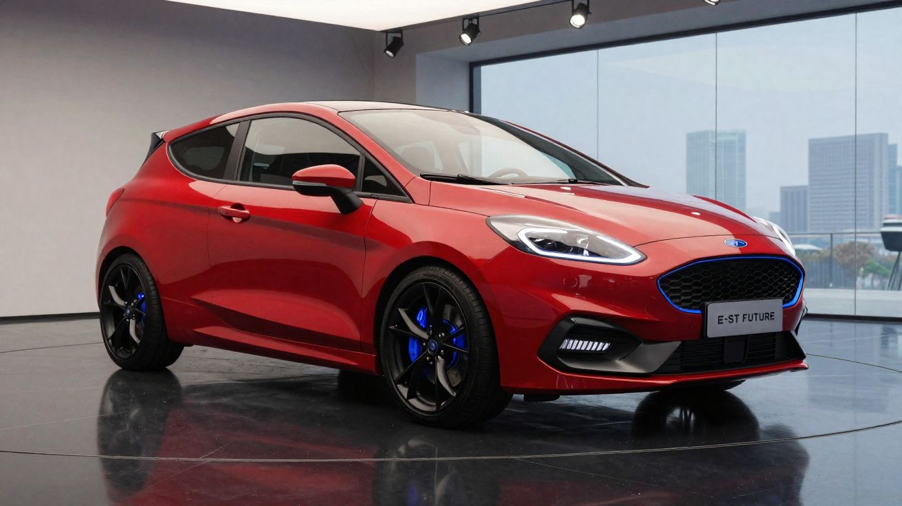 Carro esportivo compacto vermelho em exposição interna com rodas pretas e detalhes azuis.