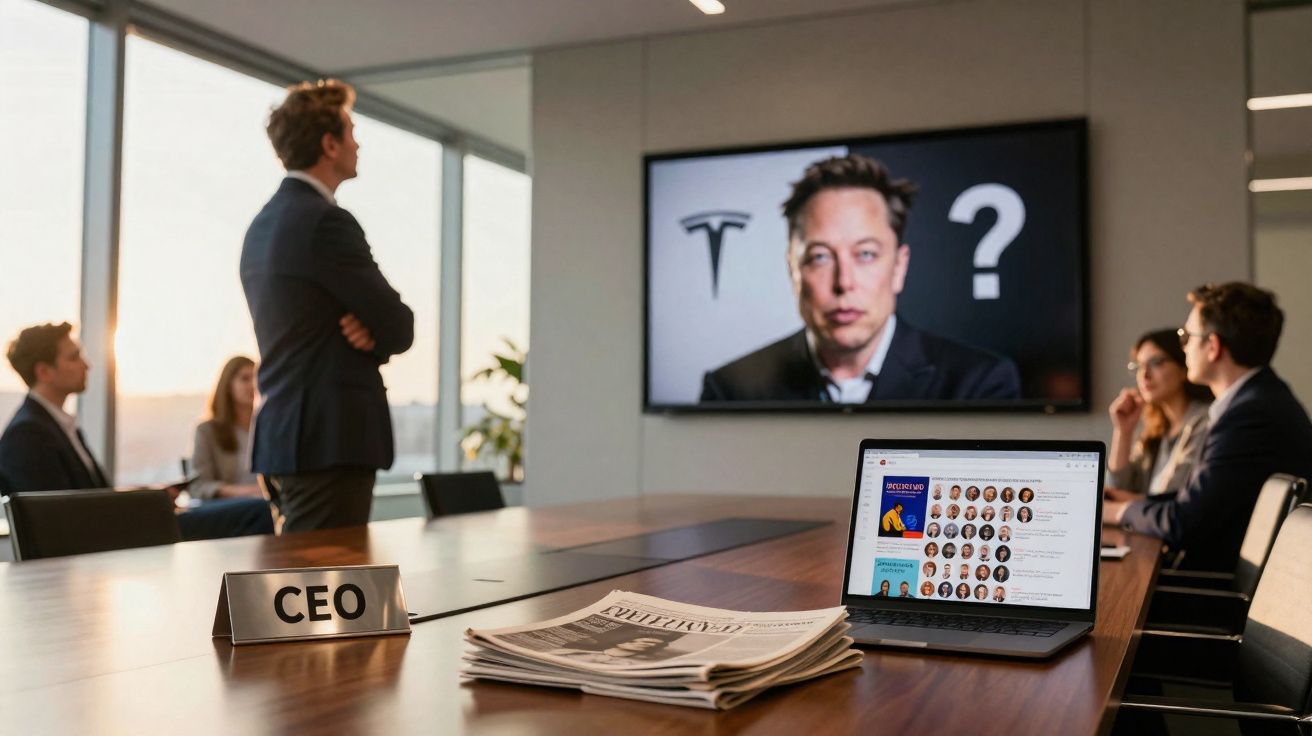 Reunião corporativa com executivos assistindo apresentação sobre Tesla e Elon Musk em sala de conferências moderna.