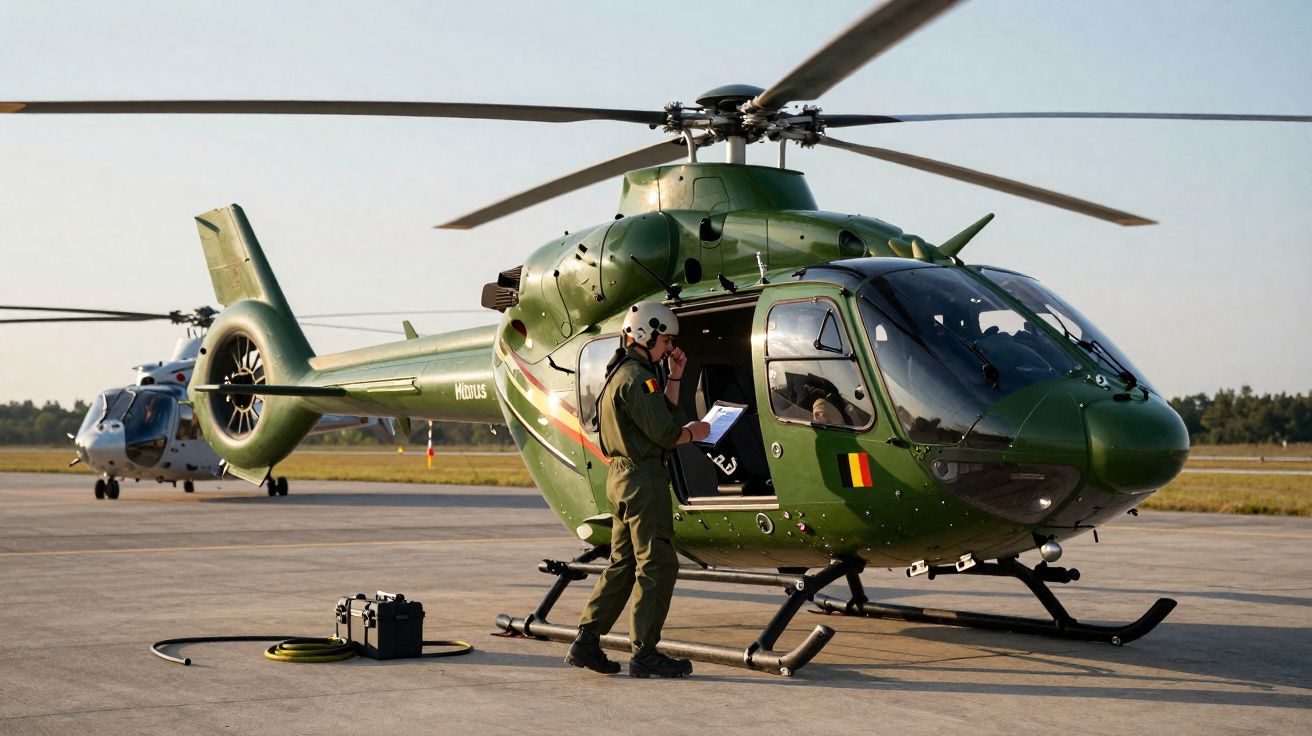 Helicóptero militar verde estacionado com piloto em uniforme e capacete conferindo documentos ao lado.