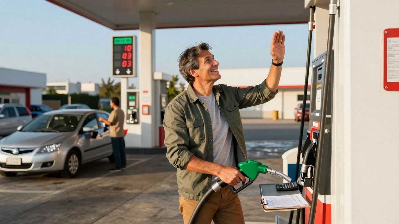 Homem sorridente abastecendo carro em posto de gasolina durante o dia.