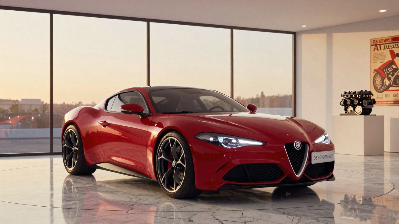 Carro esportivo vermelho Alfa Romeo Giulia Quadrifoglio exibido em sala com piso de mármore.