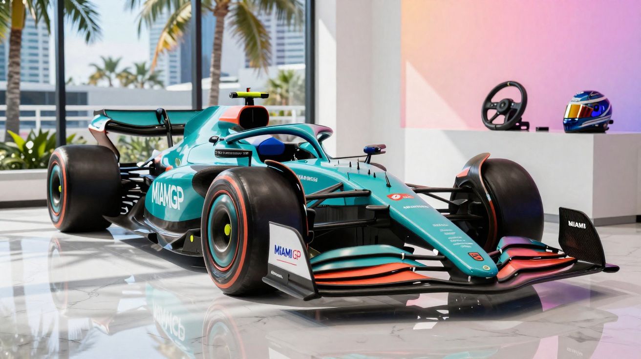 Carro de corrida Fórmula 1 azul turquesa exibido em ambiente interno com capacete e volante ao fundo.