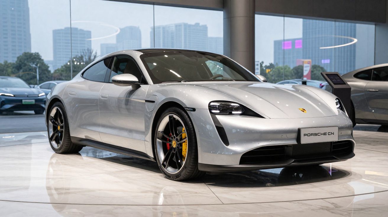 Carro esportivo prateado Porsche Taycan em exposição dentro de showroom moderno com vidros e arranha-céus ao fundo.