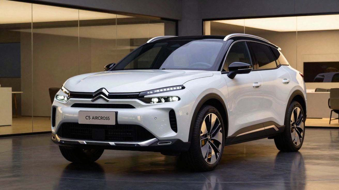 SUV branco Citroën C5 Aircross estacionado em ambiente interno moderno e iluminado.
