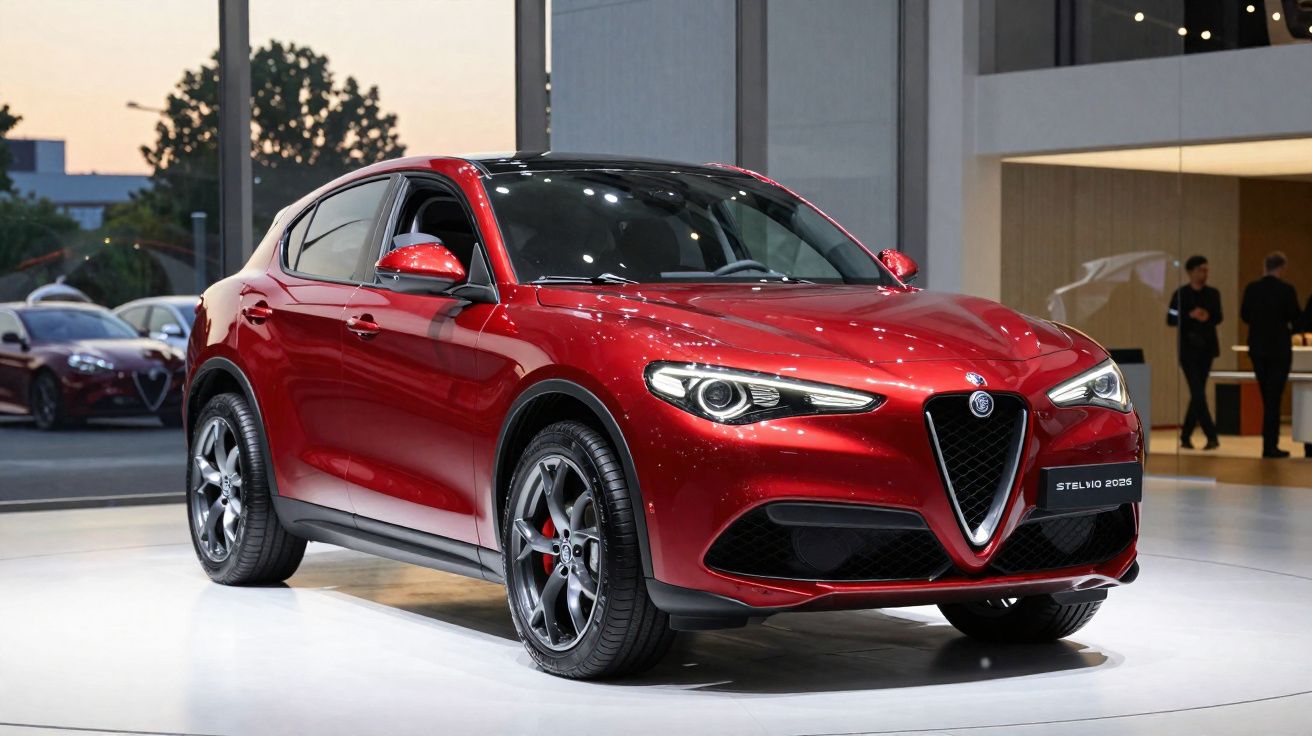 Carro SUV Alfa Romeo Stelvio vermelho exposto em showroom moderno com iluminação artificial.