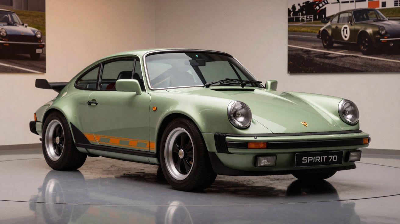Carro esportivo Porsche clássico verde com detalhes laranja em exposição interna com quadros na parede.