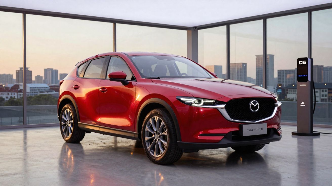 Carro SUV vermelho da Mazda estacionado em garagem com painéis de vidro e carregador elétrico ao lado.