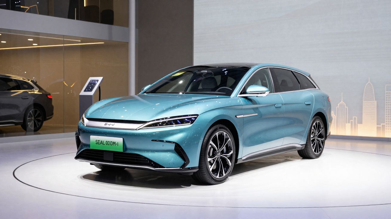 Carro elétrico BYD Seal ODM-i azul exibido em plataforma circular dentro de showroom moderno.