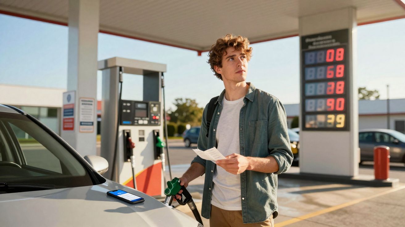 Jovem com camiseta branca e camisa aberta segura bomba de gasolina em posto com carro branco e celular.