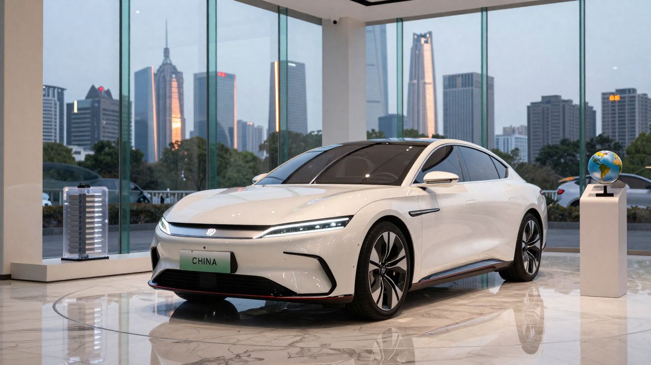 Carro elétrico branco em showroom moderno com vidraças e vista para prédios altos ao fundo.