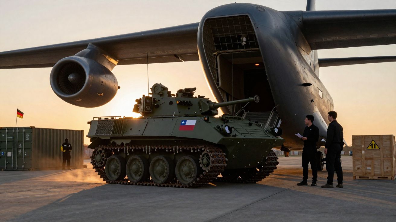 Tanque militar chileno sendo carregado em avião de transporte durante pôr do sol no aeroporto.