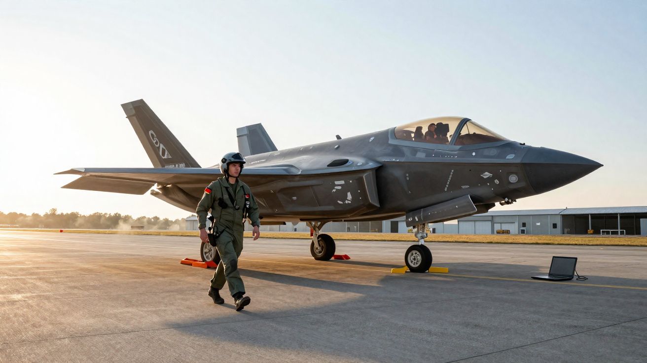 Piloto militar caminhando próximo a caça furtivo estacionado em pista de aeroporto ao entardecer.