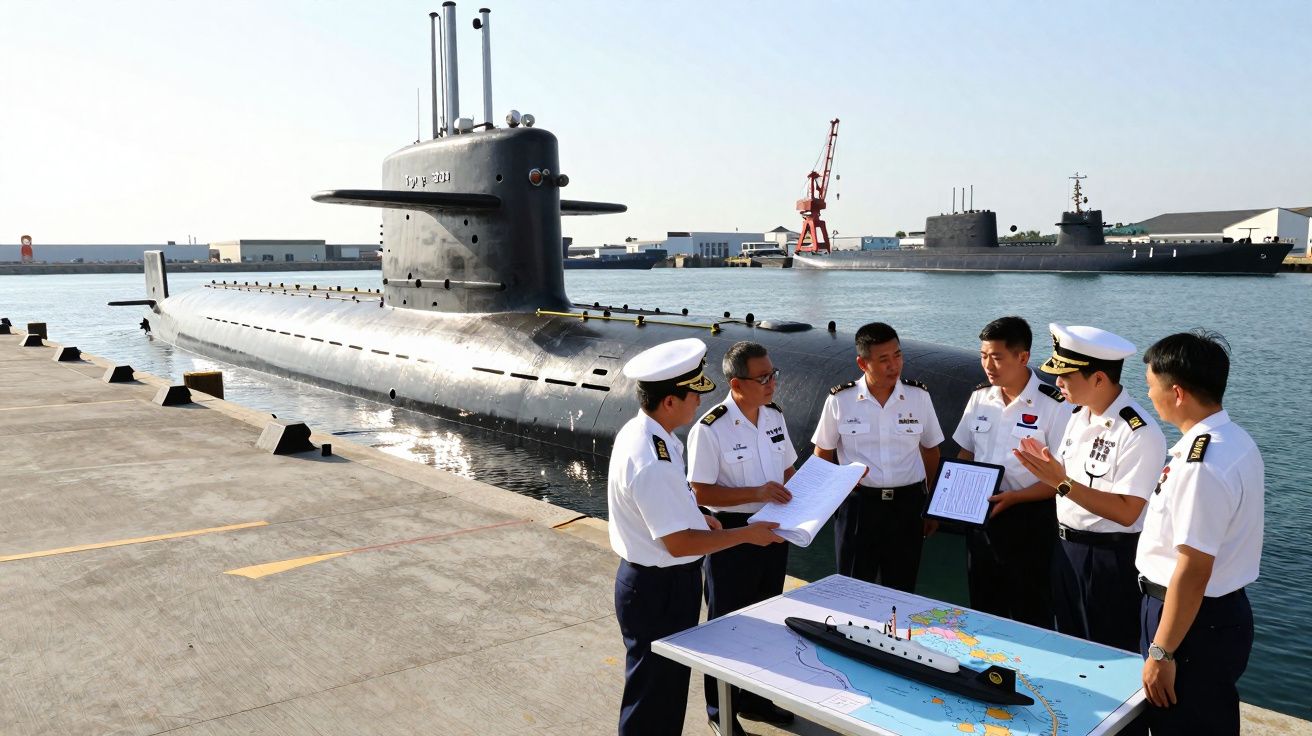 Oficiais navais conversam ao lado de mapa e miniatura de submarino perto de submarino ancorado no porto.
