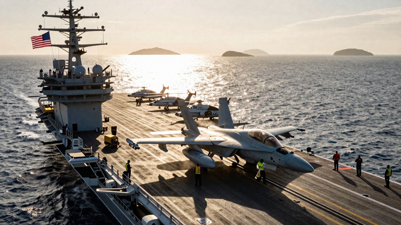 Porta-aviões com jatos militares no convés durante o pôr do sol no mar aberto com quatro pessoas em movimento.