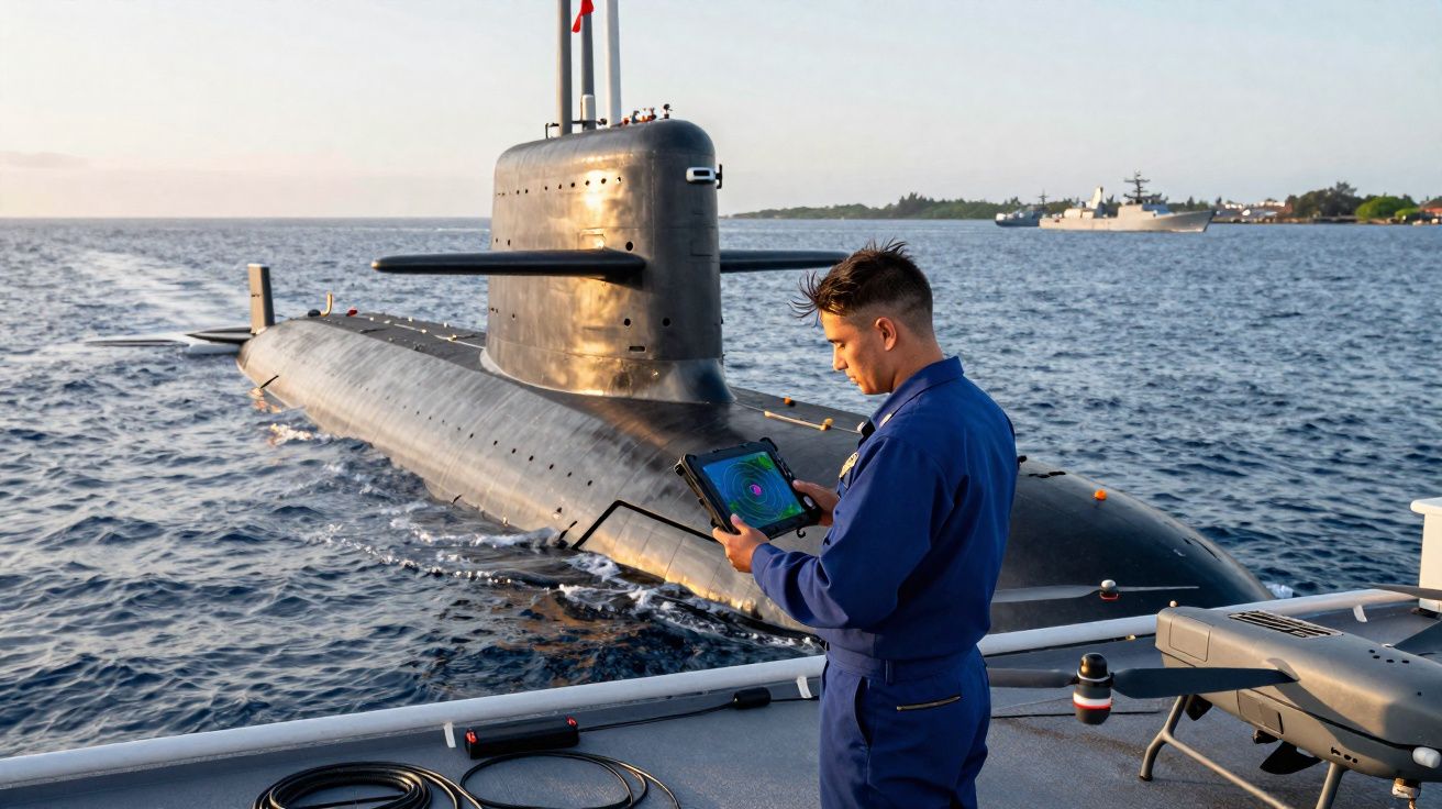 Homem em uniforme naval operando tablet próximo a submarino na água durante o dia.