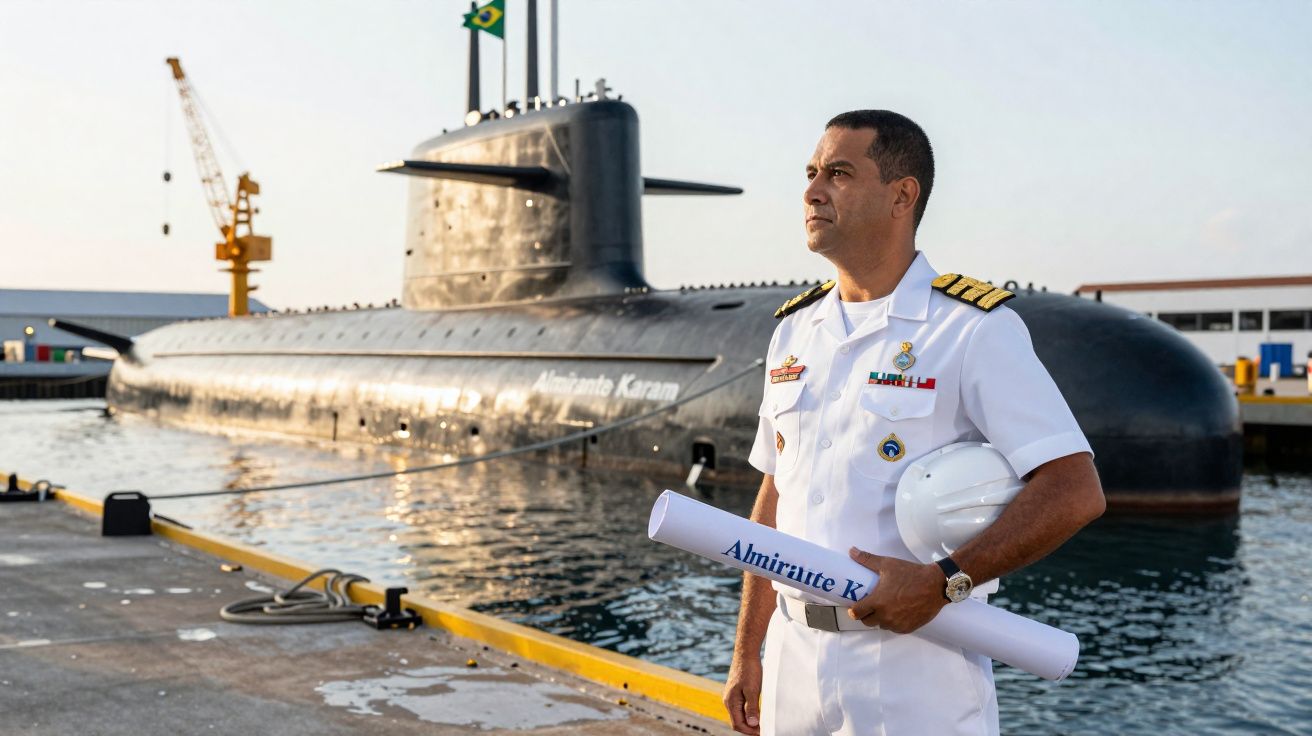 Oficial naval em uniforme branco segurando capacete e planta, com submarino "Almirante Karam" ao fundo no porto.