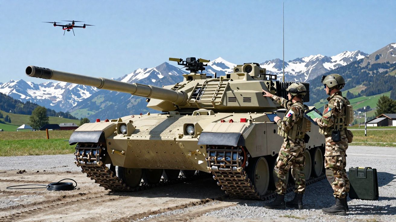 Tanque militar com soldados em uniforme camuflado e drone voando, montanhas ao fundo sob céu azul.
