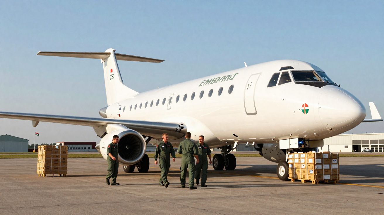 Avião branco Embraer estacionado no aeroporto com quatro militares em uniforme verde ao redor.
