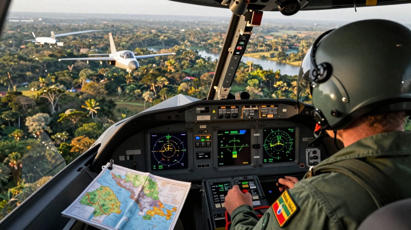 Piloto militar dentro da cabine de avião com mapa aberto, voando sobre área com vegetação e rio.