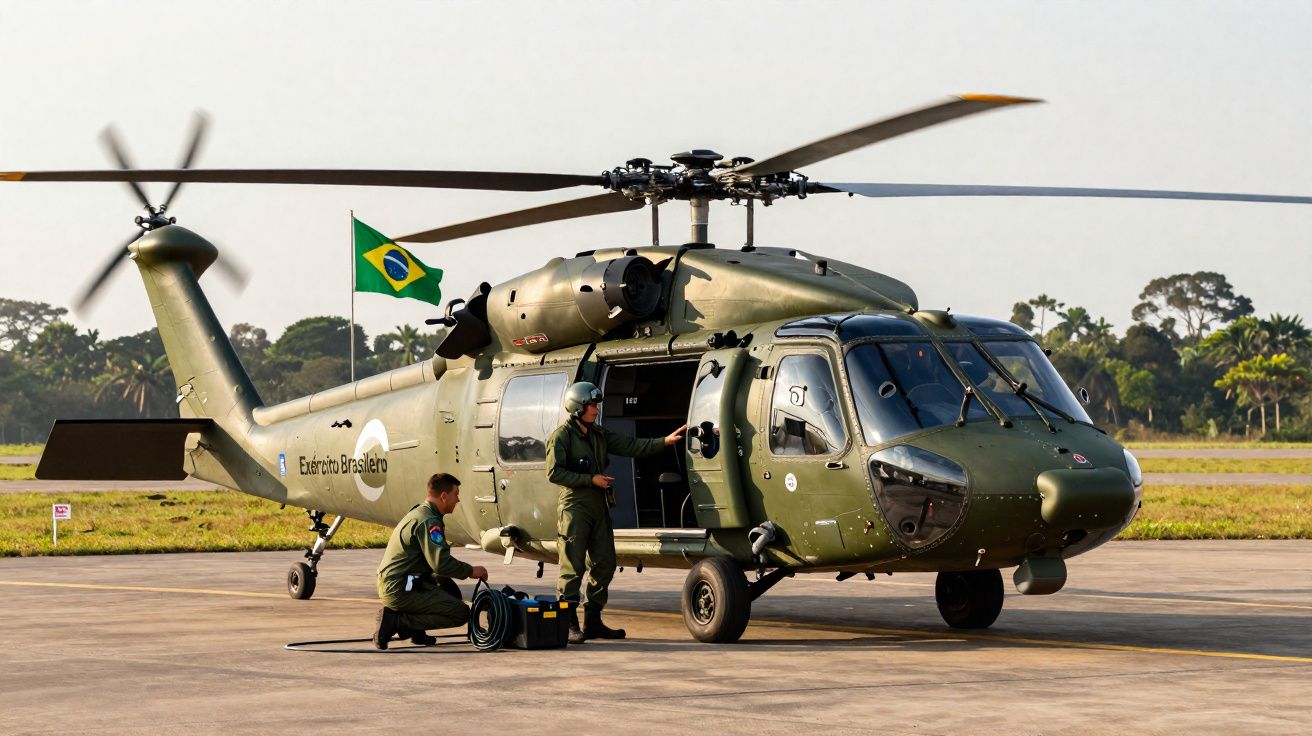 Helicóptero militar verde do Exército Brasileiro com dois soldados realizando manutenção no pátio.