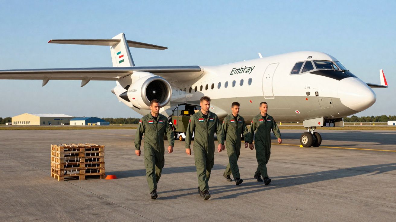 Quatro pilotos caminhando em frente a um avião da Embraer no pátio do aeroporto ao entardecer.