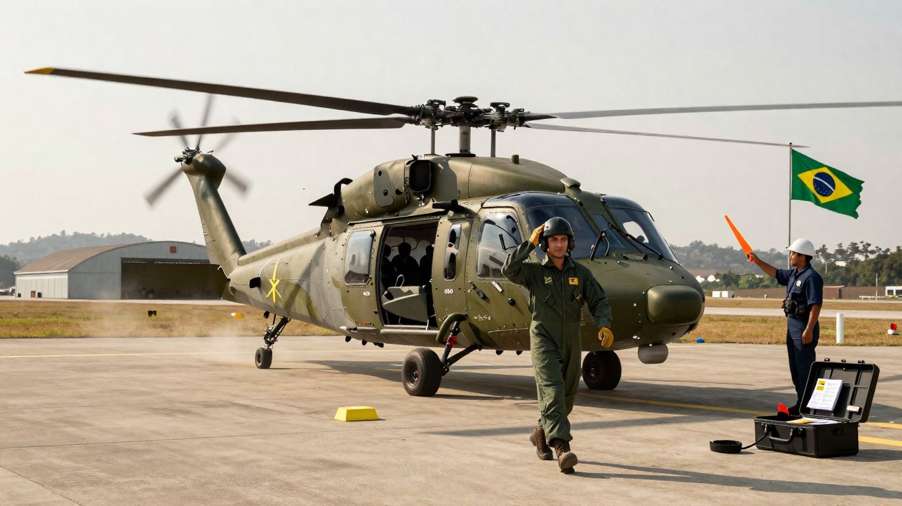 Helicóptero militar verde com militares brasileiros em pista de aeroporto com bandeira do Brasil ao fundo.