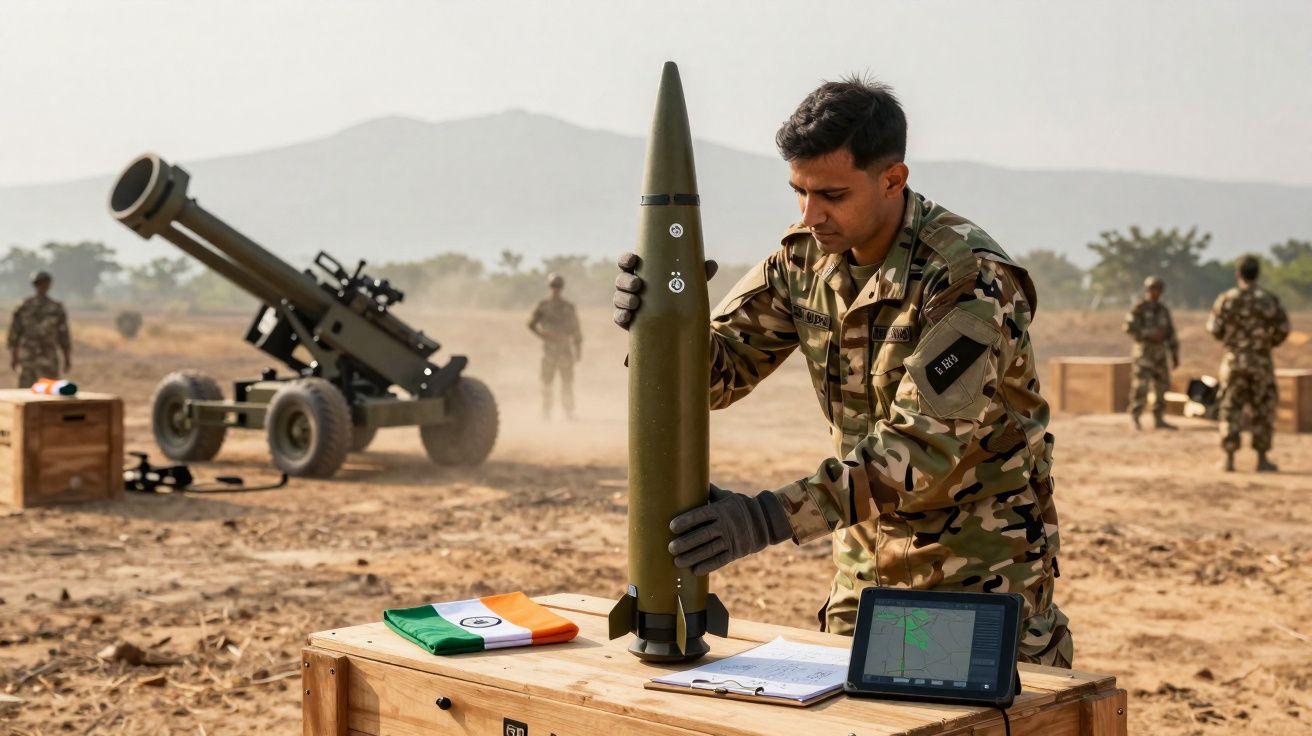 Soldado em uniforme camuflado manuseia munição grande sobre caixa de madeira em campo aberto com equipamento militar ao fundo