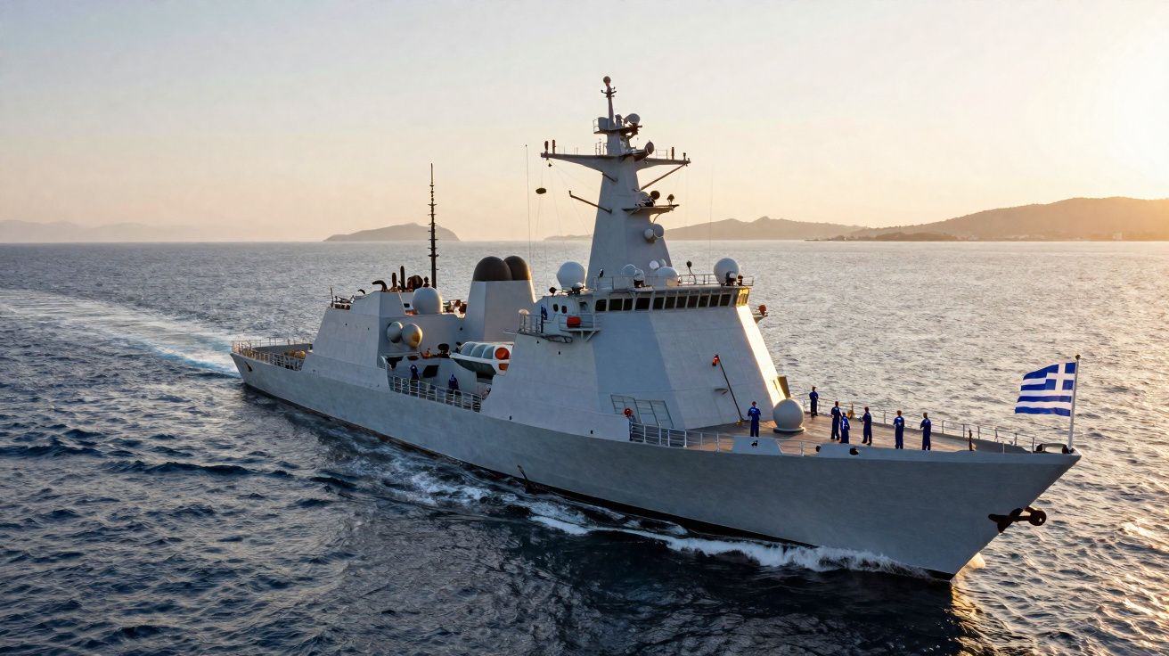 Navio de guerra grego em mar calmo ao entardecer com tripulação na proa e bandeira da Grécia.