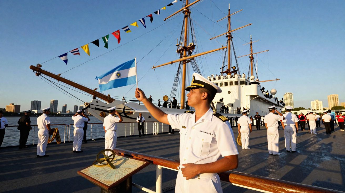 Marinheiros em uniforme branco no convés de navio, com bandeira da Argentina em destaque ao pôr do sol.