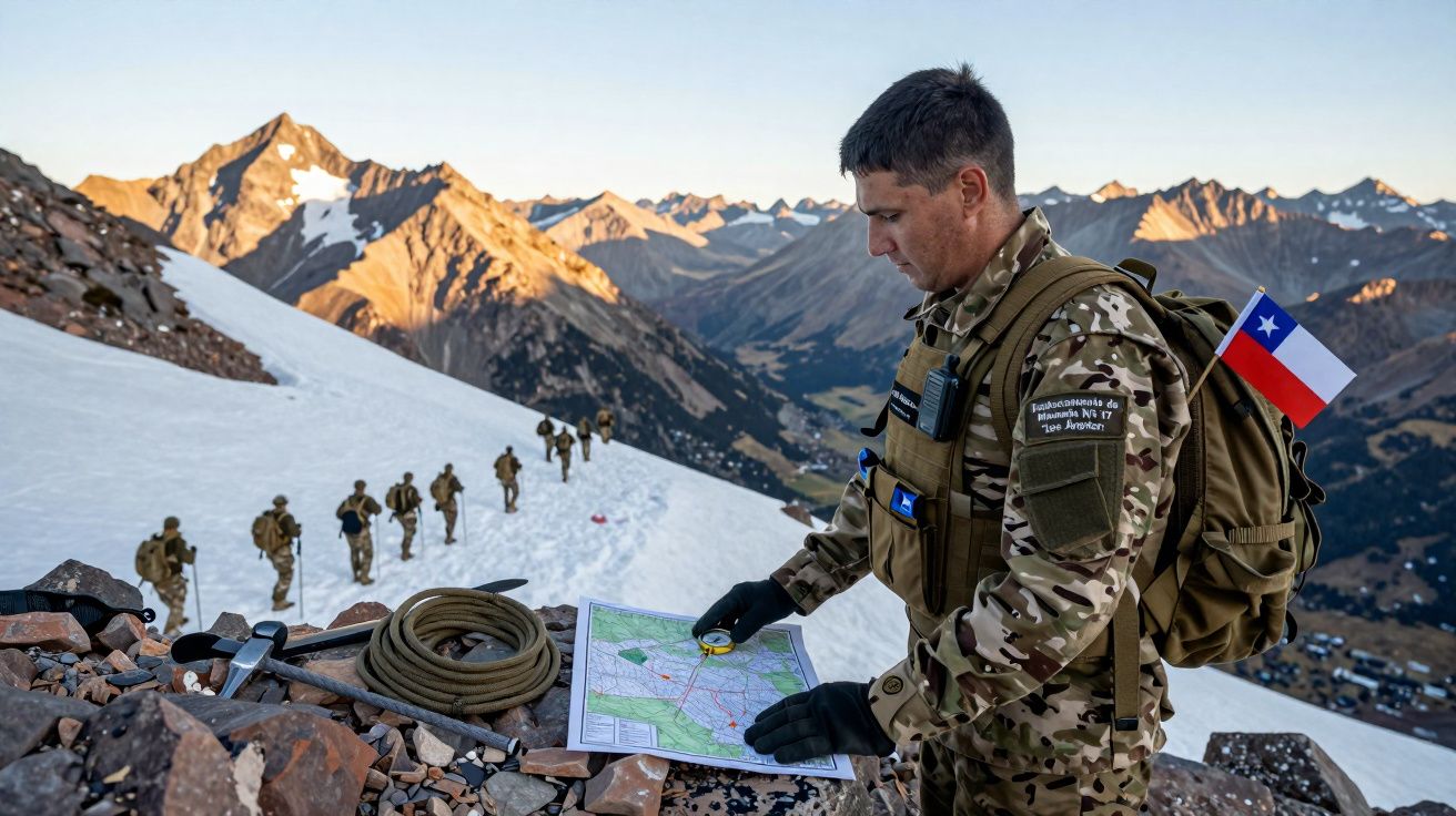 Soldado chileno com uniforme camuflado analisa mapa em montanha nevada com grupo de militares ao fundo.