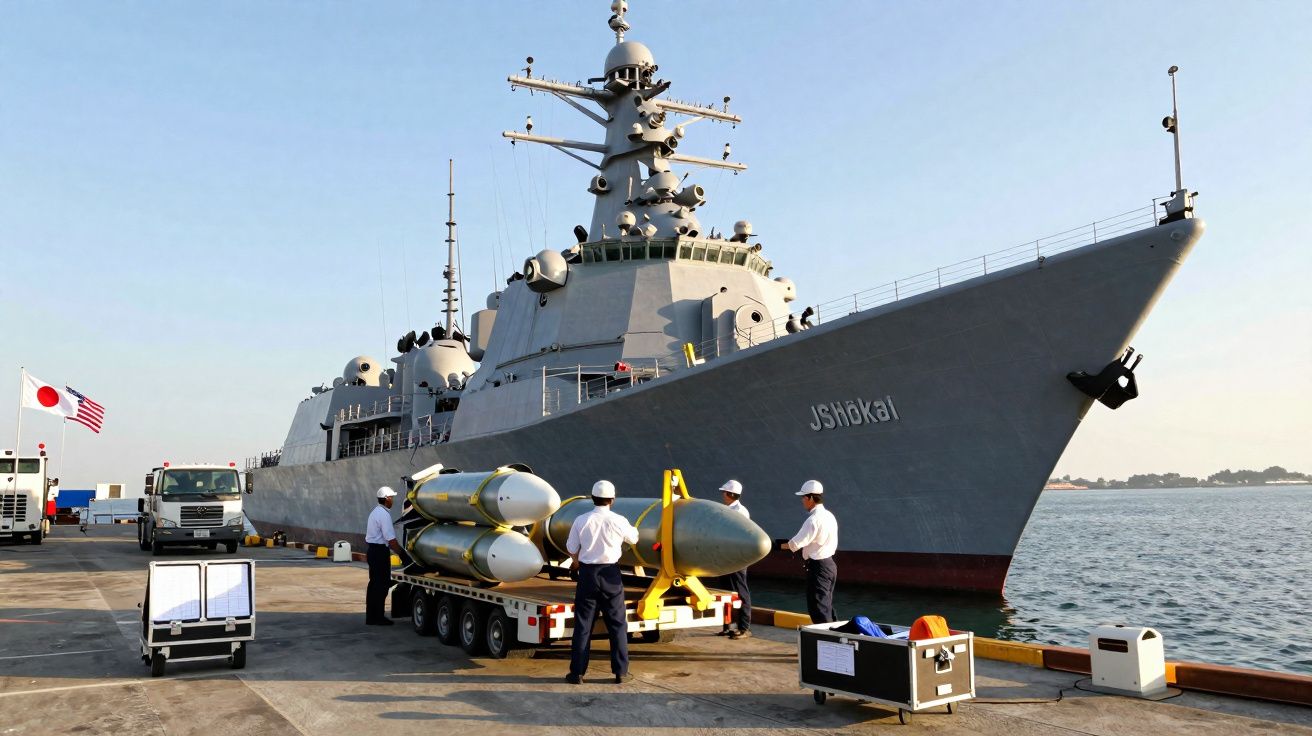 Marinha japonesa descarregando torpedos de destróier JS Hōkai em porto ensolarado com céu limpo.
